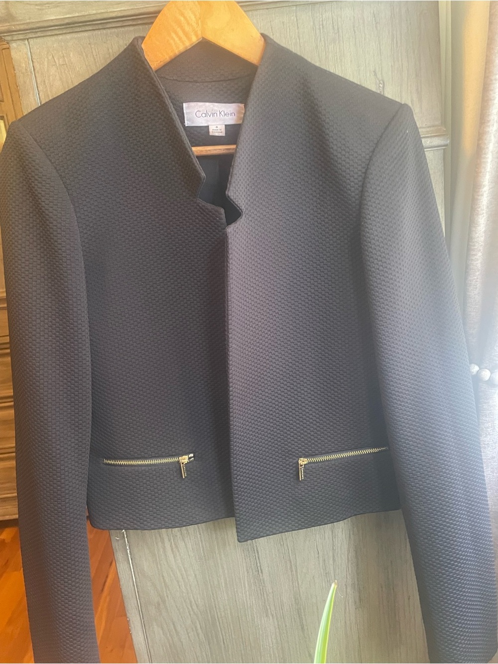 Calvin Klein Black Collarless Textured Jacket with Gold Zippers